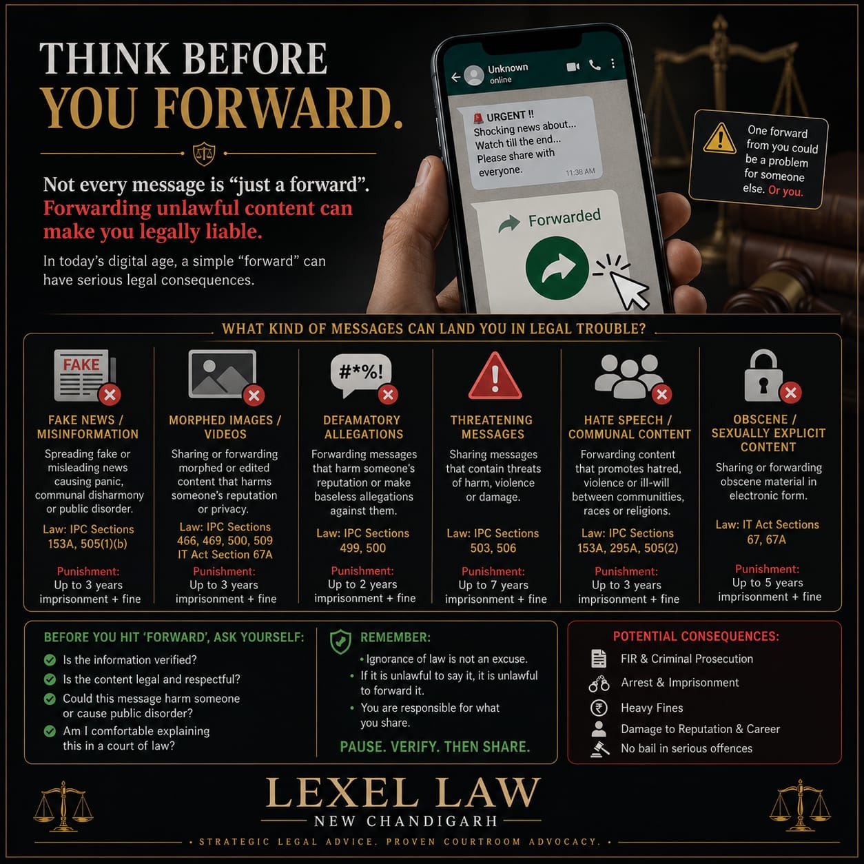 ⚖️ One Forward Can Change a Life — Including Yours.

In today's digital world, forwarding a message takes just a second—but the legal consequences can last for years.

Before you tap "Forward", ask yourself:
✔️ Is this information verified?
✔️ Could it harm someone's reputation?
✔️ Does it promote hate, threats, or misinformation?
✔️ Would you be comfortable defending this forward in court?

Forwarding fake news, defamatory content, morphed images, threats, hate speech, or obscene material may attract criminal liability under Indian law. A simple click can lead to an FIR, prosecution, fines, or even imprisonment.

📢 Think. Verify. Then Share.
Responsible digital citizenship isn't just good practice—it's a legal responsibility.

💬 Have you ever received a suspicious message asking you to "forward urgently"? Tell us in the comments.

📍 Lexel Law, New Chandigarh
Strategic Legal Advice. Proven Courtroom Advocacy.

#LexelLaw #LegalAwareness #KnowYourRights #IndianLaw #CyberLaw #DigitalSafety #FakeNews #FactCheck #SocialMediaLaw #LegalTips #LegalEducation #LawFirm #Advocate #LawyerLife #CyberCrime #Misinformation #DigitalResponsibility #LegalKnowledge #StayInformed #ThinkBeforeYouForward #OnlineSafety #CriminalLaw #LegalUpdate #InstaLaw #IndiaLaw #LegalReels #LawMatters #PublicAwareness #LegalContent #Justice