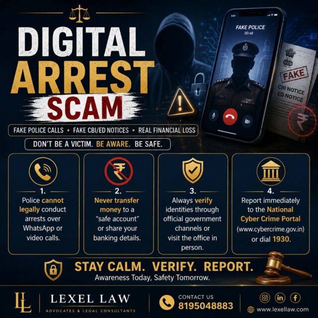 Cyber criminals are no longer hacking computers—they're manipulating people.

🚨 Digital Arrest Scams are on the rise, where fraudsters impersonate police officers, CBI, ED, or other government authorities through video calls and fake notices to extort money.

Know your rights:
✔️ No lawful arrest is conducted over a WhatsApp or video call.
✔️ Never transfer money to a "safe account."
✔️ Verify every claim through official government channels.
✔️ Report cyber fraud immediately by calling 1930 or filing a complaint on the National Cyber Crime Portal.

Awareness is your strongest legal protection. Stay informed, verify before you act, and help protect others by sharing this information.

📞 Lexel Law
📲 8195048883

#LexelLaw #DigitalArrestScam #CyberCrime #CyberFraud #CyberSafety #LegalAwareness #KnowYourRights #IndianLaw #LegalTips #CyberSecurity #OnlineFraud #ScamAlert #FakePoliceCall #LegalEducation #Justice #LawyerLife #Advocates #LegalSupport #CyberCrimeAwareness #DigitalSafety #ConsumerRights #LegalUpdate #InstaLaw #LegalKnowledge #IndiaLaw #StaySafeOnline #FraudPrevention #LegalHelp #LawFirm #TrendingLegalTopic