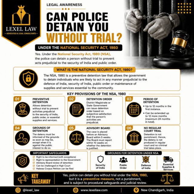 Can the police detain someone without a trial? ⚖️

Yes—but only in specific circumstances under the National Security Act, 1980 (NSA). The NSA is a preventive detention law, which means its purpose is to prevent activities considered prejudicial to national security, public order, or essential services—not to punish an individual after conviction.

While the Act empowers authorities to order preventive detention, it also provides certain procedural safeguards, including review by an Advisory Board and the right to challenge the detention before constitutional courts.

Understanding the distinction between preventive detention and criminal punishment is essential for every citizen.

📞 Need legal guidance?
Lexel Law
📱 8195048883
🌐 www.lexellaw.com

This post is for educational purposes only and should not be treated as legal advice.

#LegalAwareness #NationalSecurityAct #NSA1980 #PreventiveDetention #KnowYourRights #IndianLaw #LegalEducation #ConstitutionOfIndia #PublicOrder #LegalRights #LawExplained #LegalKnowledge #Advocate #LawFirm #LexelLaw #Justice #LegalUpdates #IndiaLaw #LegalFacts #KnowTheLaw