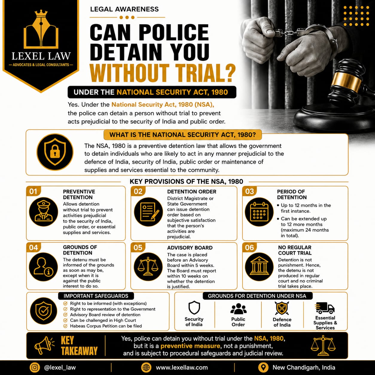 Can the police detain someone without a trial? ⚖️

Yes—but only in specific circumstances under the National Security Act, 1980 (NSA). The NSA is a preventive detention law, which means its purpose is to prevent activities considered prejudicial to national security, public order, or essential services—not to punish an individual after conviction.

While the Act empowers authorities to order preventive detention, it also provides certain procedural safeguards, including review by an Advisory Board and the right to challenge the detention before constitutional courts.

Understanding the distinction between preventive detention and criminal punishment is essential for every citizen.

📞 Need legal guidance?
Lexel Law
📱 8195048883
🌐 www.lexellaw.com

This post is for educational purposes only and should not be treated as legal advice.

#LegalAwareness #NationalSecurityAct #NSA1980 #PreventiveDetention #KnowYourRights #IndianLaw #LegalEducation #ConstitutionOfIndia #PublicOrder #LegalRights #LawExplained #LegalKnowledge #Advocate #LawFirm #LexelLaw #Justice #LegalUpdates #IndiaLaw #LegalFacts #KnowTheLaw