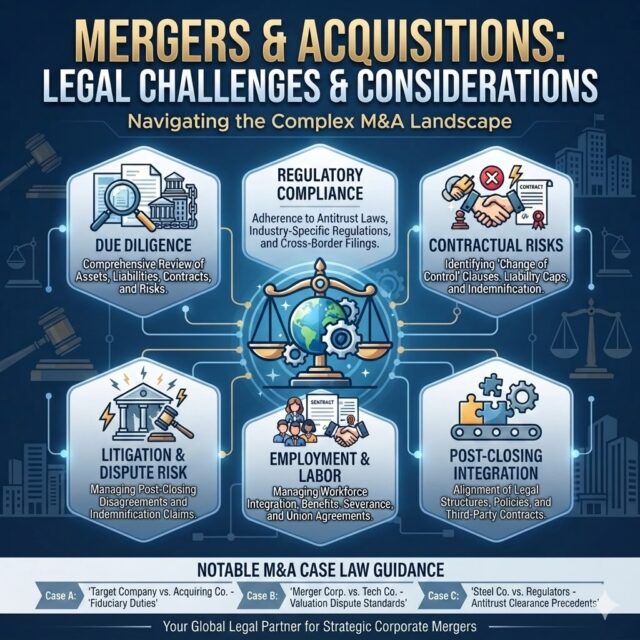 M&A is more than a business transaction—it’s a legal journey. ⚖️📊

Every merger or acquisition brings its own set of legal challenges, from due diligence and regulatory approvals to contractual risks, employee integration and post-closing disputes.

🔍 Due Diligence – Know the assets, liabilities and hidden risks.
⚖️ Regulatory Compliance – Navigate antitrust and industry-specific regulations.
📑 Contractual Risks – Protect against indemnity, liability and change-of-control issues.
👥 Employment & Labour – Address workforce integration, benefits and agreements.
⚔️ Dispute Risks – Anticipate potential litigation and indemnification claims.
🔗 Post-Closing Integration – Align legal structures, policies and contracts.

The right legal strategy can turn complex M&A challenges into informed business decisions.

📩 For corporate and M&A legal assistance, connect with Lexel Law.

#MergersAndAcquisitions #MA #Mergers #Acquisitions #CorporateLaw #CorporateLegal #BusinessLaw #DueDiligence #Antitrust #RegulatoryCompliance #ContractLaw #EmploymentLaw #CorporateGovernance #LegalRisk #LegalStrategy #CorporateTransactions #MALaw #IndianLaw #LawFirm #LegalAdvice #LexelLaw #BusinessStrategy #CorporateIndia
