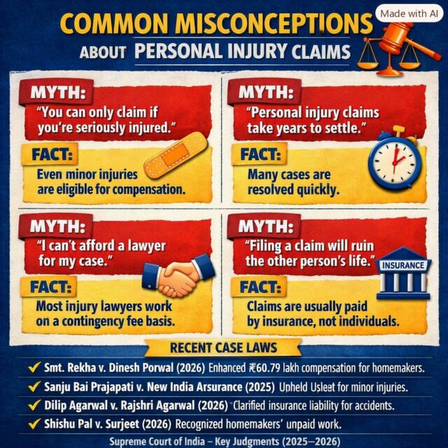💡 Common Misconceptions About Personal Injury Claims 
Think personal injury claims are only for severe accidents or take years to resolve? Supreme Court rulings prove otherwise.
From homemakers’ compensation to insurer liability, recent judgments redefine justice for every claimant.
⚖️ Swipe through to bust myths with real case laws and empower your legal awareness!

#LegalAwareness #PersonalInjuryLaw #SupremeCourtIndia #JusticeForAll #LawyersOfInstagram #LegalEducation #IndianLaw #MotorVehiclesAct #CaseLawUpdate #LegalInfographic #LawStudentsIndia #LegalRights #KnowYourLaw