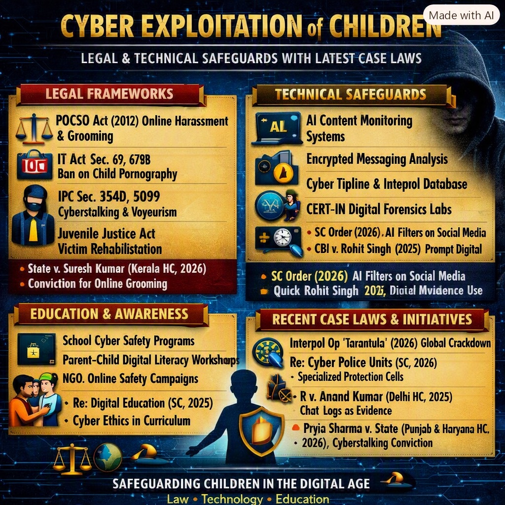 🚨 Cyber Exploitation of Children — a growing digital threat demanding united action.
⚖️ India’s courts and agencies are setting new precedents — from POCSO Act enforcement to AI‑driven monitoring and school cyber ethics inclusion.
💻 Latest rulings like State v. Suresh Kumar (2026) and CBI v. Rohit Singh (2026) highlight how law and technology converge to protect minors online.
🌐 Let’s build a safer digital world — where awareness, education, and justice safeguard every child.

#CyberSafety #ChildProtection #POCSOAct #DigitalLaw #CyberCrimeAwareness #LegalEducation #OnlineSafety #ITActIndia #JusticeForChildren #CyberSecurityIndia #LegalInfographic #LawStudentsIndia #DigitalRights #CyberLawIndia #ProtectChildrenOnline #SupremeCourtIndia #LegalAwareness #CyberEthics #DigitalProtection