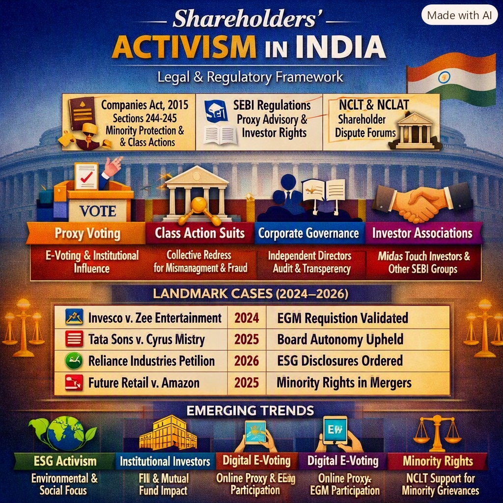 From boardrooms to courtrooms — shareholders are rewriting India’s corporate story. 💼⚖️

✳️ Companies Act, 2013 | SEBI Regulations | NCLT/NCLAT 
🏛️ Landmark Cases: Invesco v. Zee, Tata Sons v. Cyrus Mistry, Reliance ESG Petition 
🌱 Emerging Trends: ESG activism, digital e‑voting, minority rights.

💬 Accountability is the new power.

#ShareholderActivism #CorporateGovernance #LegalAwareness #IndianLaw #LawFirmContent #SEBI #CompaniesAct2013 #ESGActivism #InvestorRights #NCLT #LegalEducation #BusinessLaw #CorporateIndia #LawFirmIndia