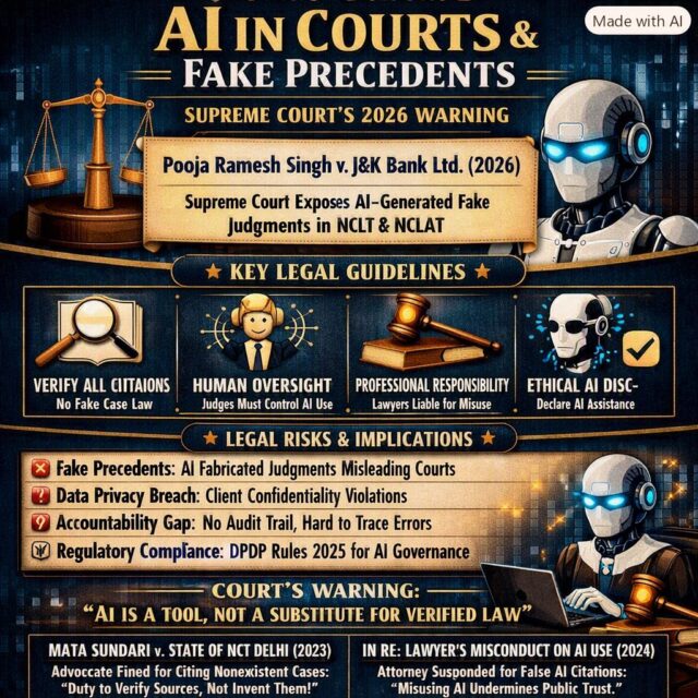 🤖⚖️ AI can assist the legal profession—but it cannot replace verified legal research.

The growing use of Artificial Intelligence has created powerful opportunities for lawyers, courts and legal researchers. But AI-generated fake citations, fabricated precedents and unverified judgments pose a serious threat to the administration of justice.

The message is clear: Technology is a tool, not a substitute for professional responsibility.

✔️ Verify every citation
✔️ Exercise human oversight
✔️ Protect client confidentiality
✔️ Maintain transparency in AI use
✔️ Never rely blindly on AI-generated legal research

⚖️ The future of law may be digital, but accountability will always remain human.

#AIandLaw #ArtificialIntelligence #LegalTech #SupremeCourt #LegalResearch #Lawyers #IndianLaw #FakeCitations #ProfessionalEthics #LegalEthics #CyberLaw #DataPrivacy #AICompliance #Justice #LawFirm #LegalAwareness #LexelLaw #LegalServices #Litigation