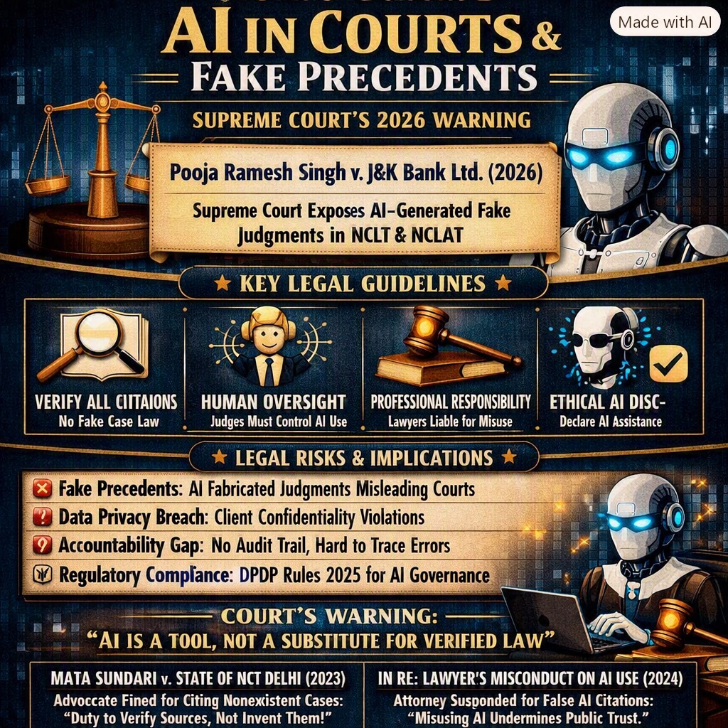 🤖⚖️ AI can assist the legal profession—but it cannot replace verified legal research.

The growing use of Artificial Intelligence has created powerful opportunities for lawyers, courts and legal researchers. But AI-generated fake citations, fabricated precedents and unverified judgments pose a serious threat to the administration of justice.

The message is clear: Technology is a tool, not a substitute for professional responsibility.

✔️ Verify every citation
✔️ Exercise human oversight
✔️ Protect client confidentiality
✔️ Maintain transparency in AI use
✔️ Never rely blindly on AI-generated legal research

⚖️ The future of law may be digital, but accountability will always remain human.

#AIandLaw #ArtificialIntelligence #LegalTech #SupremeCourt #LegalResearch #Lawyers #IndianLaw #FakeCitations #ProfessionalEthics #LegalEthics #CyberLaw #DataPrivacy #AICompliance #Justice #LawFirm #LegalAwareness #LexelLaw #LegalServices #Litigation