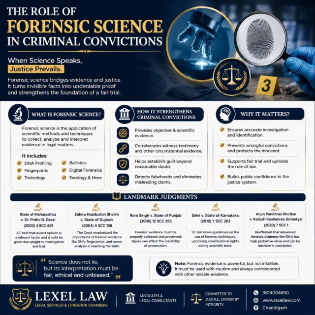 The Role of Forensic Science in Criminal Convictions | When Science Meets Justice

Forensic science has become an increasingly important component of modern criminal investigation and adjudication.

🧬 DNA profiling
🔎 Fingerprint analysis
💻 Digital forensics
🔫 Ballistics
🧪 Toxicology & serology

These scientific techniques can help investigators reconstruct events, identify individuals, corroborate witness testimony and strengthen the evidentiary foundation of a criminal case.

Indian courts have repeatedly emphasized the importance of reliable scientific evidence, while also recognizing that forensic evidence must be properly collected, preserved and interpreted.

Landmark decisions including State of Maharashtra v. Dr. Praful B. Desai (2003), Zahira Habibullah Sheikh v. State of Gujarat (2004), Selvi v. State of Karnataka (2010) and Arjun Panditrao Khotkar v. Kailash Kushanrao Gorantyal (2020) illustrate important principles concerning scientific and electronic evidence.

The key takeaway is simple:

Forensic evidence can strengthen a prosecution case, but it cannot replace judicial scrutiny.

Scientific evidence must be assessed alongside the entire body of evidence, with due regard to its collection, chain of custody, methodology, reliability and interpretation.

⚖️ Science strengthens justice when it is used objectively, transparently and fairly.

LEXEL LAW – Legal Services & Litigation Chambers, Chandigarh

#ForensicScience #CriminalLaw #CriminalJustice #EvidenceLaw #ForensicEvidence #DigitalForensics #DNAProfiling #IndianLaw #LegalResearch #CriminalTrial #IndianJudiciary #SupremeCourt #FairTrial #ScientificEvidence #LawFirm #LegalProfession #Justice #Litigation #LegalAwareness #LexelLaw