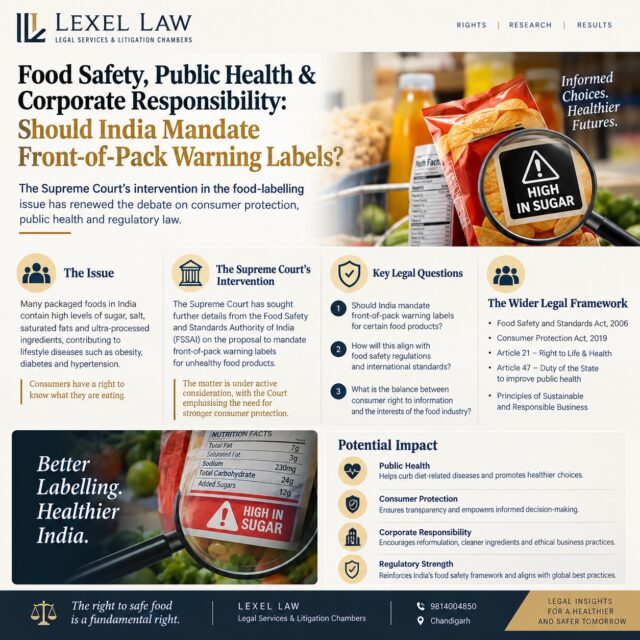 Food Safety, Public Health & Corporate Responsibility

Should India mandate front-of-pack warning labels on packaged foods?

The growing concern over high levels of sugar, salt, saturated fats and ultra-processed ingredients has brought food labelling into sharper focus. Clear and prominent warnings could help consumers make informed choices while strengthening accountability within the food industry.

The issue also raises important legal questions:

🔹 Consumer Right to Information – Should consumers receive clear, easily understandable information before purchasing a product?

🔹 Public Health – How should food regulation respond to rising diet-related health concerns?

🔹 Corporate Responsibility – Should food businesses bear greater responsibility for transparent nutritional communication?

🔹 Regulatory Powers – How far can the food regulator go in prescribing mandatory front-of-pack warnings?

The debate sits at the intersection of the Food Safety and Standards Act, 2006, Consumer Protection Act, 2019, Article 21 and Article 47 of the Constitution.

As the Supreme Court examines the regulatory framework, the larger question remains:

Does informed consumer choice require stronger, more visible food labelling?

At Lexel Law, we track emerging developments at the intersection of law, regulation, business and public interest.

⚖️ Better Labelling. Informed Choices. Stronger Consumer Protection.

Legal awareness content. Not legal advice.

#LexelLaw #FoodSafety #FoodLabelling #FrontOfPackLabelling #ConsumerProtection #ConsumerRights #RightToInformation #PublicHealth #FoodLaw #RegulatoryLaw #CorporateResponsibility #FSSAI #IndianLaw #ConstitutionalLaw #Article21 #Article47 #LegalAwareness #LawFirmIndia #IndianLegalSystem #LegalResearch #FoodRegulation #ConsumerAwareness #HealthcareLaw #CorporateLaw #LegalInsights