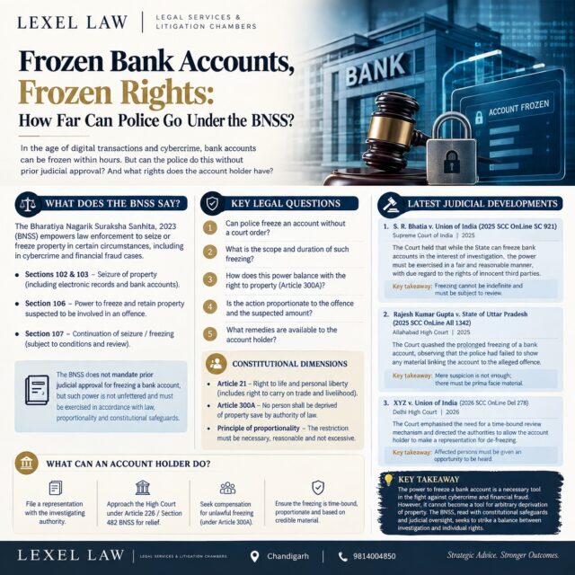 ⚖️ FROZEN BANK ACCOUNTS, FROZEN RIGHTS?

In the era of digital payments and cybercrime, police authorities may seek to freeze bank accounts suspected of being connected with an offence.

But an important legal question arises:

How far can the police go in freezing a person's bank account under the BNSS?

A bank-account freeze can have serious consequences—restricting access to legitimate savings, business operations, salaries and day-to-day financial needs.

The legal framework therefore raises critical questions:

🔹 What powers do investigating authorities have to seize or freeze property?
🔹 Is prior judicial approval necessary in every case?
🔹 How should the power of investigation be balanced against Article 21 and Article 300A?
🔹 Can an account remain frozen indefinitely?
🔹 What remedies are available to an innocent account holder?
🔹 What happens when only a limited amount is allegedly connected with the offence?

The answer lies in balancing effective cybercrime investigation with procedural fairness, proportionality and protection of property rights.

📌 Key takeaway: A freezing order cannot become an indefinite deprivation of property merely because an investigation is pending. The legality, necessity, scope and duration of the restriction remain important questions for judicial scrutiny.

Swipe through the infographic for the key legal principles and recent judicial developments.

📍 Chandigarh
📞 8195048883

For informational purposes only. This post does not constitute legal advice.

#LexelLaw #BankAccountFreeze #BNSS #CriminalLaw #CyberCrime #CyberLaw #BankingLaw #CriminalProcedure #Article21 #Article300A #RightToProperty #LegalResearch #IndianLaw #SupremeCourt #HighCourt #Litigation #LegalAwareness #FinancialFraud #CyberFraud #LawFirm #ChandigarhLawyer #PunjabLawyer #LegalUpdate #LawAndJustice
