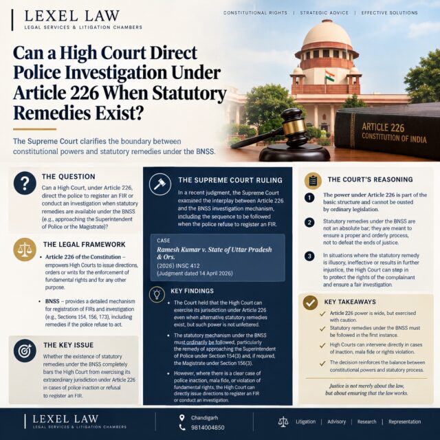 ⚖️ Can a High Court Direct Police Investigation Under Article 226 When Statutory Remedies Exist?

The availability of statutory remedies under the Bharatiya Nagarik Suraksha Sanhita, 2023 (BNSS) does not automatically eliminate the constitutional jurisdiction of a High Court under Article 226.

The legal issue becomes particularly important where a police complaint is not acted upon, an FIR is not registered, or the statutory process has not provided an effective remedy.

🔹 Article 226 gives High Courts wide powers to issue appropriate writs, directions and orders.

🔹 The BNSS provides statutory mechanisms for approaching the police authorities and, in appropriate circumstances, the Magistrate where information relating to a cognizable offence is not acted upon.

🔹 Ordinarily, courts expect litigants to follow the statutory mechanism before invoking extraordinary constitutional jurisdiction.

🔹 However, the existence of an alternative remedy is generally a matter of judicial discretion, not an absolute bar to Article 226 jurisdiction.

🔹 Exceptional circumstances—including allegations of police inaction, violation of fundamental rights, manifest injustice or circumstances where the statutory remedy is ineffective—may justify constitutional intervention.

📌 Key Takeaway:
Article 226 and the BNSS are not necessarily competing jurisdictions. The crucial question is whether constitutional intervention is warranted in the circumstances of the particular case.

Legal research | Litigation | Advisory | Representation

📍 Chandigarh
📞 9814004850

This post is intended for legal awareness and general information and does not constitute legal advice.

#LexelLaw #LegalResearch #Article226 #BNSS #ConstitutionalLaw #CriminalLaw #IndianLaw #HighCourt #SupremeCourtOfIndia #FIR #PoliceInvestigation #WritJurisdiction #CriminalProcedure #LegalAwareness #Litigation #LawFirm #ChandigarhLawyers #PunjabAndHaryanaHighCourt #LegalUpdate #LawAndJustice