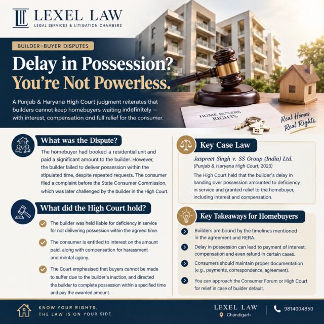 DELAYED POSSESSION? KNOW YOUR RIGHTS. ⚖️

A homebuyer who has paid substantial amounts for a residential property is not without legal remedies when a builder fails to honour the promised timeline.

Courts have recognised that prolonged delay in possession can give rise to claims for interest, compensation, refund and other appropriate relief, depending on the facts of the case.

📌 Key Case: Jaspreet Singh v. SS Group (India) Ltd. — Punjab & Haryana High Court

Homebuyers should carefully preserve:
• Builder-buyer agreement
• Payment records
• Possession commitments
• Correspondence with the builder
• RERA/consumer proceedings and orders

Know your rights before signing away your remedies.

LEXEL LAW
Legal Services & Litigation Chambers
📍 Chandigarh | 📞 9814048883
#BuilderBuyerDispute #HomebuyersRights #RealEstateLaw #ConsumerRights #ConsumerProtection #DelayedPossession #BuilderDelay #RERA #RERALaw #RealEstateDisputes #PropertyLaw #HomeBuyer #RealEstateLitigation #LegalRights #ConsumerCourt #HighCourtJudgment #PunjabAndHaryanaHighCourt #PunjabHaryanaHighCourt #IndianLaw #LegalAwareness #LawFirm #LexelLaw #ChandigarhLawyer #Chandigarh #LegalServices #Homebuyers #PropertyDispute #RealEstateIndia #JusticeForHomebuyers