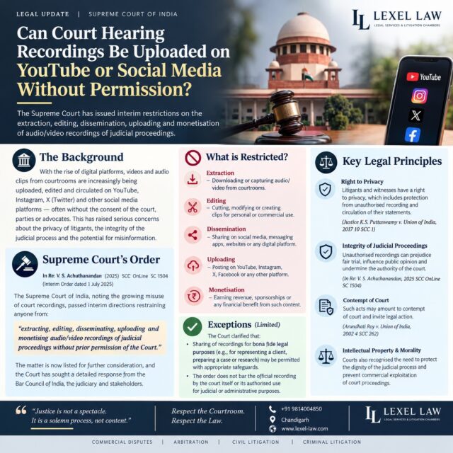 ⚖️ CAN COURT HEARING RECORDINGS BE UPLOADED ON YOUTUBE OR SOCIAL MEDIA WITHOUT PERMISSION?

Court proceedings may be accessible to the public, but that does not automatically mean that their audio/video recordings can be freely copied, edited, uploaded or monetised.

In In Re: V. S. Achuthanandan, the Supreme Court of India issued interim directions concerning the extraction, editing, dissemination, uploading and monetisation of audio/video recordings of judicial proceedings.

🔹 What is the concern?
Unauthorised circulation of courtroom recordings can affect the privacy of litigants and witnesses, distort the context of proceedings, and potentially interfere with the dignity and integrity of the judicial process.

🔹 What does this mean?
The fact that a hearing is publicly accessible should not be treated as an unrestricted licence to reproduce or commercially exploit its recording.

🔹 Key legal considerations:
• Privacy of litigants and witnesses
• Integrity and dignity of judicial proceedings
• Prevention of manipulated or misleading clips
• Restrictions on unauthorised dissemination
• Potential consequences for misuse of court material

📌 Important: The precise scope of restrictions and permissible uses must be understood from the Supreme Court's actual orders and subsequent directions in the matter.

Justice is a solemn process—not simply online content.

📍 Lexel Law | Chandigarh
⚖️ Commercial Disputes | Arbitration | Civil & Criminal Litigation

#LexelLaw #SupremeCourtOfIndia #CourtProceedings #CourtRecordings #JudicialProceedings #LegalUpdate #IndianLaw #ConstitutionalLaw #PrivacyLaw #ContemptOfCourt #DigitalLaw #CyberLaw #MediaLaw #LegalResearch #Litigation #Advocates #LawyersOfIndia #IndianLegalSystem #LegalAwareness #LawAndTechnology #YouTube #SocialMediaLaw #ChandigarhLawyer #PunjabAndHaryanaHighCourt #Chandigarh