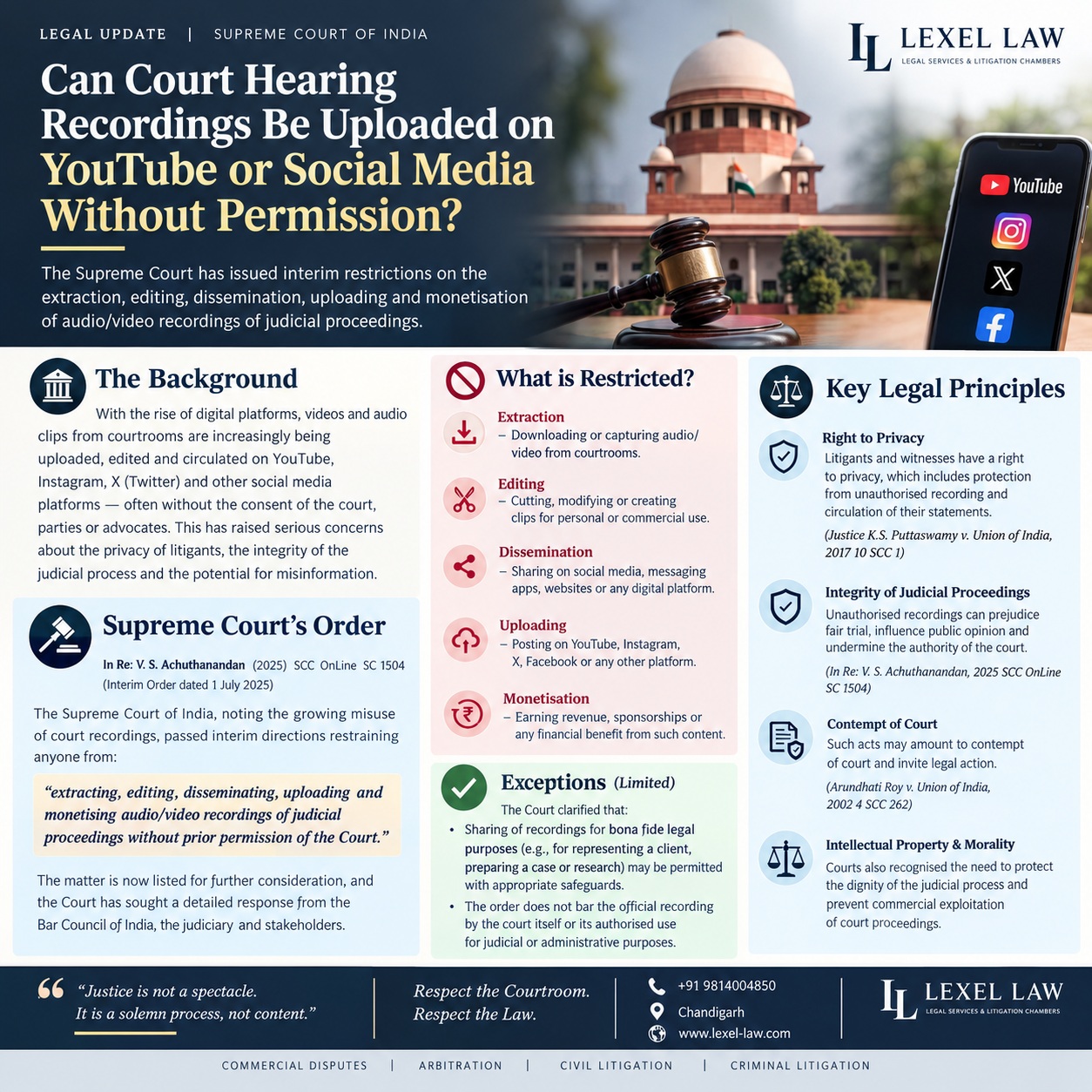 ⚖️ CAN COURT HEARING RECORDINGS BE UPLOADED ON YOUTUBE OR SOCIAL MEDIA WITHOUT PERMISSION?

Court proceedings may be accessible to the public, but that does not automatically mean that their audio/video recordings can be freely copied, edited, uploaded or monetised.

In In Re: V. S. Achuthanandan, the Supreme Court of India issued interim directions concerning the extraction, editing, dissemination, uploading and monetisation of audio/video recordings of judicial proceedings.

🔹 What is the concern?
Unauthorised circulation of courtroom recordings can affect the privacy of litigants and witnesses, distort the context of proceedings, and potentially interfere with the dignity and integrity of the judicial process.

🔹 What does this mean?
The fact that a hearing is publicly accessible should not be treated as an unrestricted licence to reproduce or commercially exploit its recording.

🔹 Key legal considerations:
• Privacy of litigants and witnesses
• Integrity and dignity of judicial proceedings
• Prevention of manipulated or misleading clips
• Restrictions on unauthorised dissemination
• Potential consequences for misuse of court material

📌 Important: The precise scope of restrictions and permissible uses must be understood from the Supreme Court's actual orders and subsequent directions in the matter.

Justice is a solemn process—not simply online content.

📍 Lexel Law | Chandigarh
⚖️ Commercial Disputes | Arbitration | Civil & Criminal Litigation

#LexelLaw #SupremeCourtOfIndia #CourtProceedings #CourtRecordings #JudicialProceedings #LegalUpdate #IndianLaw #ConstitutionalLaw #PrivacyLaw #ContemptOfCourt #DigitalLaw #CyberLaw #MediaLaw #LegalResearch #Litigation #Advocates #LawyersOfIndia #IndianLegalSystem #LegalAwareness #LawAndTechnology #YouTube #SocialMediaLaw #ChandigarhLawyer #PunjabAndHaryanaHighCourt #Chandigarh