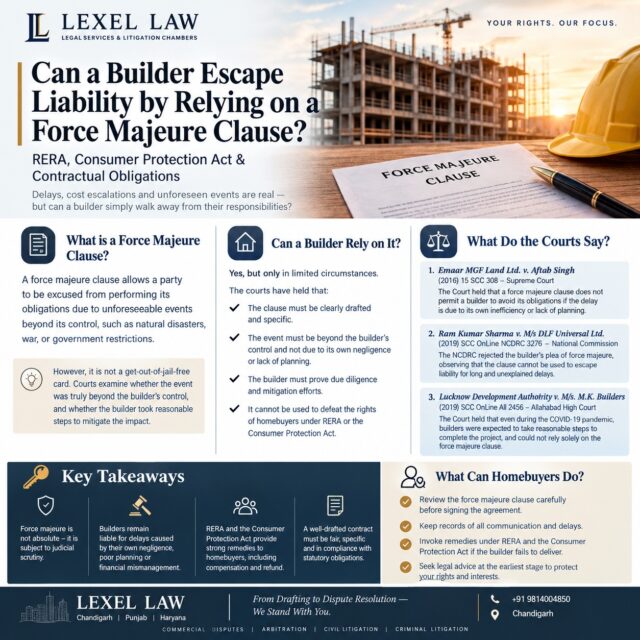 🏗️ CAN A BUILDER ESCAPE LIABILITY BY INVOKING FORCE MAJEURE?

A force majeure clause is not automatically a shield against delay or non-performance.

In real-estate disputes, the crucial question is whether the event genuinely prevented performance and whether the builder can establish that the contractual and statutory requirements for invoking force majeure were satisfied.

⚖️ Key legal principles:
• The force majeure clause must be interpreted according to its contractual language.
• The event must fall within the scope of the clause.
• A builder cannot ordinarily rely on its own negligence, poor planning or avoidable delay.
• RERA obligations and consumer remedies continue to be relevant.
• Courts examine the actual circumstances, duration of the disruption and steps taken to mitigate its impact.

📚 Cases discussed:
Emaar MGF Land Ltd. v. Aftab Singh, (2019) 12 SCC 751
DLF Home Developers Ltd. v. Capital Greens Flat Buyers Association, (2021) 5 SCC 537
Pioneer Urban Land & Infrastructure Ltd. v. Govindan Raghavan, (2019) 5 SCC 725

For homebuyers, the wording of the agreement, possession date, correspondence, reasons for delay and applicable RERA provisions can all become crucial evidence.

A force majeure clause deserves careful scrutiny—not automatic acceptance.

📍 Chandigarh | Punjab | Haryana
⚖️ Commercial Disputes | Arbitration | Civil Litigation | Criminal Litigation

LEXEL LAW
From Drafting to Dispute Resolution — We Stand With You.

#LexelLaw #RealEstateLaw #RERA #RERALaw #HomebuyersRights #BuilderDelay #ForceMajeure #PropertyDispute #RealEstateDisputes #ConsumerLaw #ConsumerProtection #PropertyLaw #Homebuyer #BuilderBuyerDispute #RERAIndia #SupremeCourtOfIndia #IndianLaw #LegalResearch #RealEstateIndia #ChandigarhLawyer #PunjabLawyer #HaryanaLawyer #Mohali #Chandigarh #LegalAwareness #LawFirmIndia