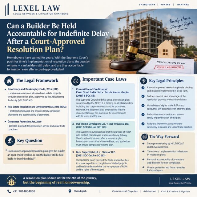 🏗️ CAN A BUILDER BE HELD ACCOUNTABLE FOR INDEFINITE DELAY AFTER A COURT-APPROVED RESOLUTION PLAN?

A resolution plan may revive a stalled real-estate project—but approval of the plan does not mean that homebuyers must accept indefinite delay.

The real question is: What happens when a court/NCLT-approved resolution plan itself is not implemented within the promised timeline?

⚖️ Key legal principles:

🔹 Under the Insolvency and Bankruptcy Code, 2016, an approved resolution plan is binding on the stakeholders to whom the Code applies.

🔹 In Committee of Creditors of Essar Steel India Ltd. v. Satish Kumar Gupta, (2019) 8 SCC 531, the Supreme Court recognised the binding nature of an approved resolution plan.

🔹 RERA, 2016 continues to protect the interests of homebuyers and emphasises timely completion and delivery of real-estate projects.

🔹 In stalled-project situations, courts have repeatedly emphasised that the ultimate objective of insolvency/resolution proceedings cannot be divorced from the legitimate interests of homebuyers.

🔹 A resolution mechanism cannot become a justification for open-ended implementation without accountability.

📌 For homebuyers, the important questions are:
• What completion timeline does the approved plan prescribe?
• Have construction milestones actually been achieved?
• Are statutory approvals and completion/occupancy requirements being pursued?
• What remedies are available when implementation continues to be delayed?

The approval of a resolution plan should be a path towards completion—not another indefinite waiting period.

📚 This post is for legal awareness and research purposes only. The applicability of any remedy depends upon the facts, terms of the resolution plan and the orders passed by the competent authority/court.

LEXEL LAW
Legal Services & Litigation Chambers
📍 Chandigarh
📞 +91 9814004850

#LexelLaw #RealEstateLaw #RERA #IBC #InsolvencyLaw #HomebuyersRights #BuilderDelay #RealEstateDisputes #ResolutionPlan #Homebuyer #RERARights #NCLT #NCLAT #SupremeCourt #ConsumerRights #PropertyLaw #RealEstateLitigation #BuilderBuyerDispute #ChandigarhLawyer #PunjabLawyer #HaryanaLawyer #Mohali #Chandigarh #LegalAwarene