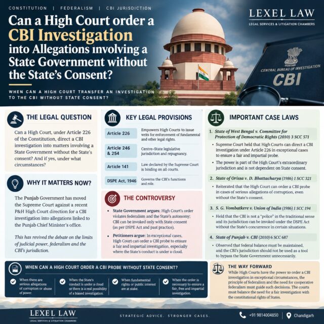 ⚖️ CAN A HIGH COURT ORDER A CBI INVESTIGATION WITHOUT STATE CONSENT?

Yes — in exceptional circumstances.

Under Article 226, High Courts can direct a CBI investigation even without the State’s consent where necessary to ensure a fair, impartial and credible investigation.

📌 Key considerations:
• Serious allegations of corruption or abuse of power
• Reasonable apprehension of bias
• Need for an independent investigation
• Protection of public interest and fundamental rights

⚖️ Leading case: State of West Bengal v. Committee for Protection of Democratic Rights, (2010) 3 SCC 571

The power exists — but it must be exercised sparingly and with caution.

Where does judicial intervention end and State autonomy begin?

For legal information and academic discussion only.

#LexelLaw #Article226 #CBI #CBIInvestigation #ConstitutionalLaw #Federalism #SupremeCourtOfIndia #HighCourt #JudicialReview #IndianLaw #LegalResearch #PunjabAndHaryanaHighCourt #ChandigarhLawyer #LegalAwareness #IndianLegalSystem