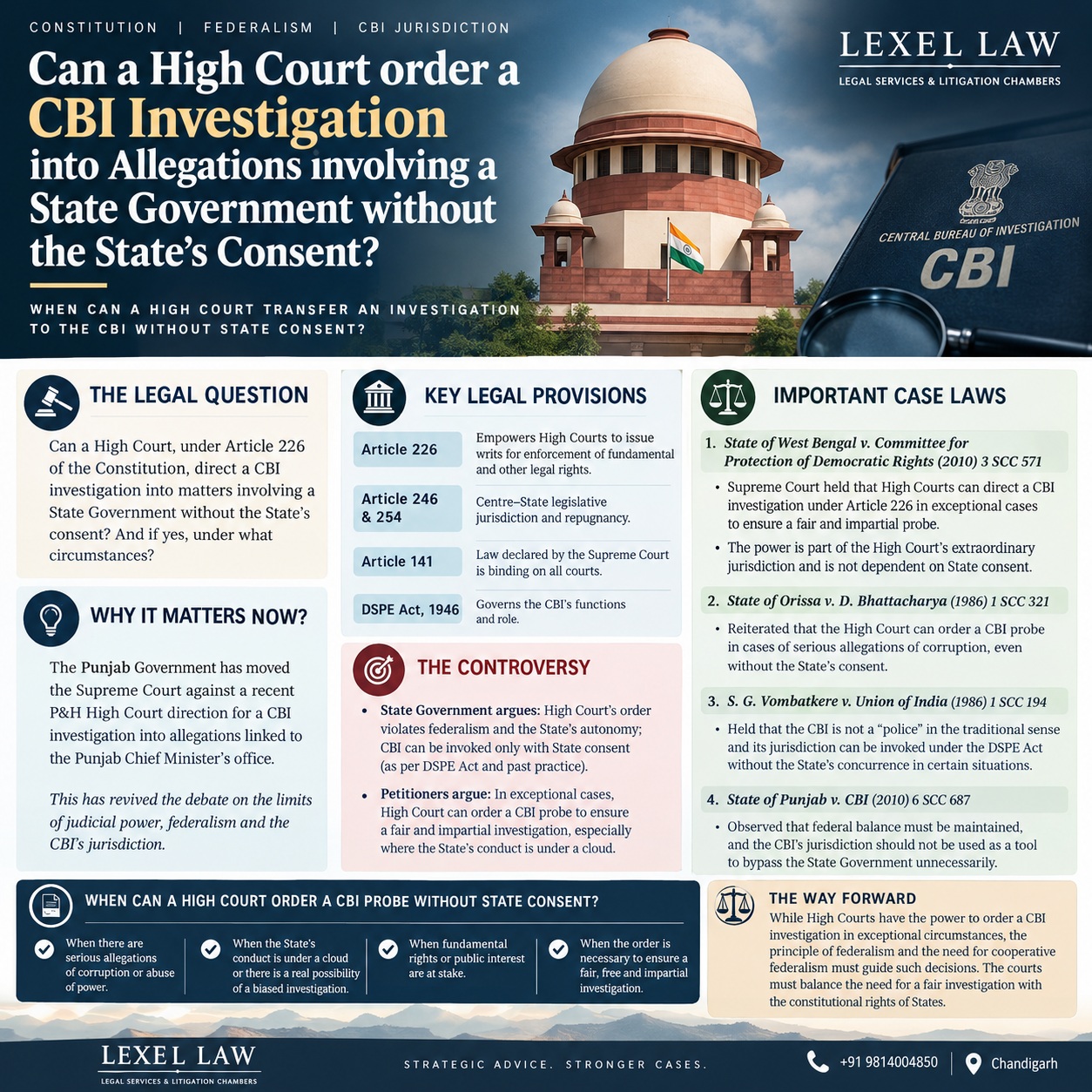 ⚖️ CAN A HIGH COURT ORDER A CBI INVESTIGATION WITHOUT STATE CONSENT?

Yes — in exceptional circumstances.

Under Article 226, High Courts can direct a CBI investigation even without the State’s consent where necessary to ensure a fair, impartial and credible investigation.

📌 Key considerations:
• Serious allegations of corruption or abuse of power
• Reasonable apprehension of bias
• Need for an independent investigation
• Protection of public interest and fundamental rights

⚖️ Leading case: State of West Bengal v. Committee for Protection of Democratic Rights, (2010) 3 SCC 571

The power exists — but it must be exercised sparingly and with caution.

Where does judicial intervention end and State autonomy begin?

For legal information and academic discussion only.

#LexelLaw #Article226 #CBI #CBIInvestigation #ConstitutionalLaw #Federalism #SupremeCourtOfIndia #HighCourt #JudicialReview #IndianLaw #LegalResearch #PunjabAndHaryanaHighCourt #ChandigarhLawyer #LegalAwareness #IndianLegalSystem