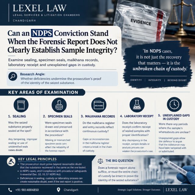 ⚖️ CAN AN NDPS CONVICTION STAND WHEN SAMPLE INTEGRITY IS DOUBTFUL?

In NDPS cases, recovery alone may not be enough. The prosecution must establish that the substance allegedly seized is the same substance that was sent to the forensic laboratory and analysed. 🔬

🔍 What must investigators establish?

▪️ Proper sealing of the seized substance
▪️ Authenticity and preservation of specimen seals
▪️ Accurate malkhana deposit and movement records
▪️ Verified receipt of samples by the forensic laboratory
▪️ An adequately documented and reliable chain of custody

⚖️ Why does it matter?

Unexplained gaps, discrepancies in seals, or inconsistencies in custody records may raise doubts about the identity and integrity of the sample. Depending on the facts, these deficiencies may weaken the prosecution's case.

However, every procedural irregularity does not automatically invalidate a conviction. The court must assess the evidence as a whole and determine whether the prosecution has proved its case beyond reasonable doubt.

📚 Legal Focus: Sections 52, 55 and 57 of the NDPS Act, evidentiary reliability, and the chain of custody.

At Lexel Law – Legal Services & Litigation Chambers, we examine the evidentiary and procedural safeguards that can shape the outcome of criminal proceedings.

📍 Chandigarh
📞 9814048883

Legal awareness only. The outcome of each case depends on its facts, evidence and applicable law.

#LexelLaw #NDPSAct #NDPSCases #NarcoticsLaw #CriminalLaw #CriminalLitigation #ForensicEvidence #ChainOfCustody #EvidenceLaw #DrugLaws #SampleIntegrity #MalkhanaRecords #ForensicScience #CriminalJustice #SupremeCourtOfIndia #PunjabAndHaryanaHighCourt #ChandigarhLawyer #LegalResearch #IndianLaw #LegalAwareness