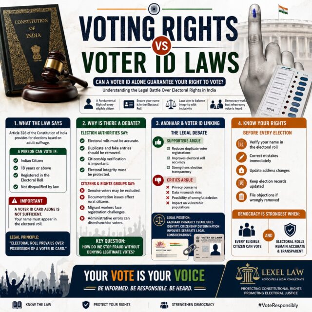 🗳️ Your vote is more than a right—it's the foundation of democracy.

The debate over Voter ID laws raises an important constitutional question: How do we ensure fair elections while protecting every eligible citizen's right to vote?

✔ Electoral integrity matters.
✔ Accurate voter rolls matter.
✔ Citizen participation matters.

Did you know that possessing a Voter ID card alone may not be enough to cast your vote if your name is missing from the electoral roll?

Understanding your legal rights can help prevent disenfranchisement and strengthen democratic institutions.

Before every election:
✅ Verify your name on the electoral roll
✅ Update your voter details
✅ Know your constitutional rights

An informed voter is an empowered citizen.

📞 Lexel Law
⚖️ Advocates & Legal Consultants

#YourVoteYourVoice