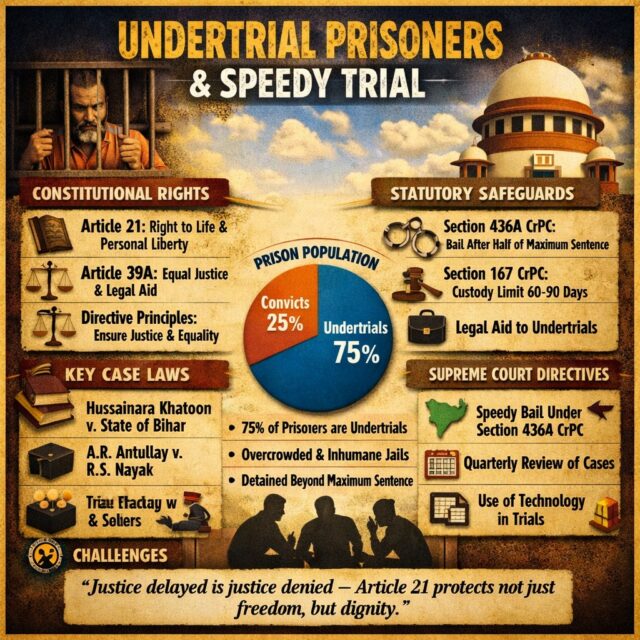 “⏳ Justice delayed is justice denied.
Thousands of undertrial prisoners in India wait years behind bars — not for punishment, but for a trial that never comes.
Article 21 of the Constitution guarantees the Right to Speedy Trial, yet overcrowded prisons and judicial delays continue to test this promise.
Let’s raise awareness and demand reforms for liberty, dignity, and justice.”

#UndertrialPrisoners #SpeedyTrial #Article21 #JusticeDelayed #LegalAwareness #HumanRights #SupremeCourtIndia #CriminalJusticeReform #RightToLiberty #IndianLaw #LegalEducation #JusticeForAll #ConstitutionOfIndia #LawAndJustice #CourtReforms #LegalRights #EqualityBeforeLaw #RuleOfLaw #AccessToJustice #LegalAidIndia