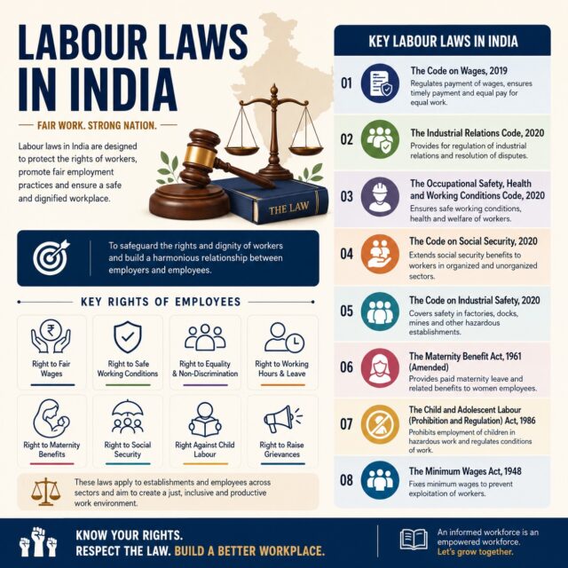 ⚖️ KNOW YOUR RIGHTS UNDER INDIA'S LABOUR LAWS 🇮🇳

Every employee deserves fair wages, safe working conditions, social security benefits, and protection against exploitation. Labour laws in India are designed to balance the rights of workers and the responsibilities of employers, creating a fair and productive workplace for all.

🔹 Right to Minimum Wages
🔹 Safe & Healthy Work Environment
🔹 Equal Pay for Equal Work
🔹 Maternity Benefits
🔹 Social Security Protection
🔹 Protection Against Child Labour
🔹 Right to Raise Workplace Grievances

Awareness of labour rights is the first step towards preventing workplace injustice. Whether you are an employee or an employer, understanding the law helps build a stronger and more compliant workforce.

📞 Lexel Law
⚖️ Protecting Rights. Delivering Justice.

#KnowYourRights #LabourLawIndia #EmployeeRights #WorkersRights #LabourCode #LegalAwareness #IndianLaw #WorkplaceRights #MinimumWages #SocialSecurity #MaternityBenefits #EmploymentLaw #IndustrialRelations #LegalEducation #LabourLawyer #HRCompliance #CorporateLaw #WorkplaceJustice #LexelLaw #LegalUpdatesIndia