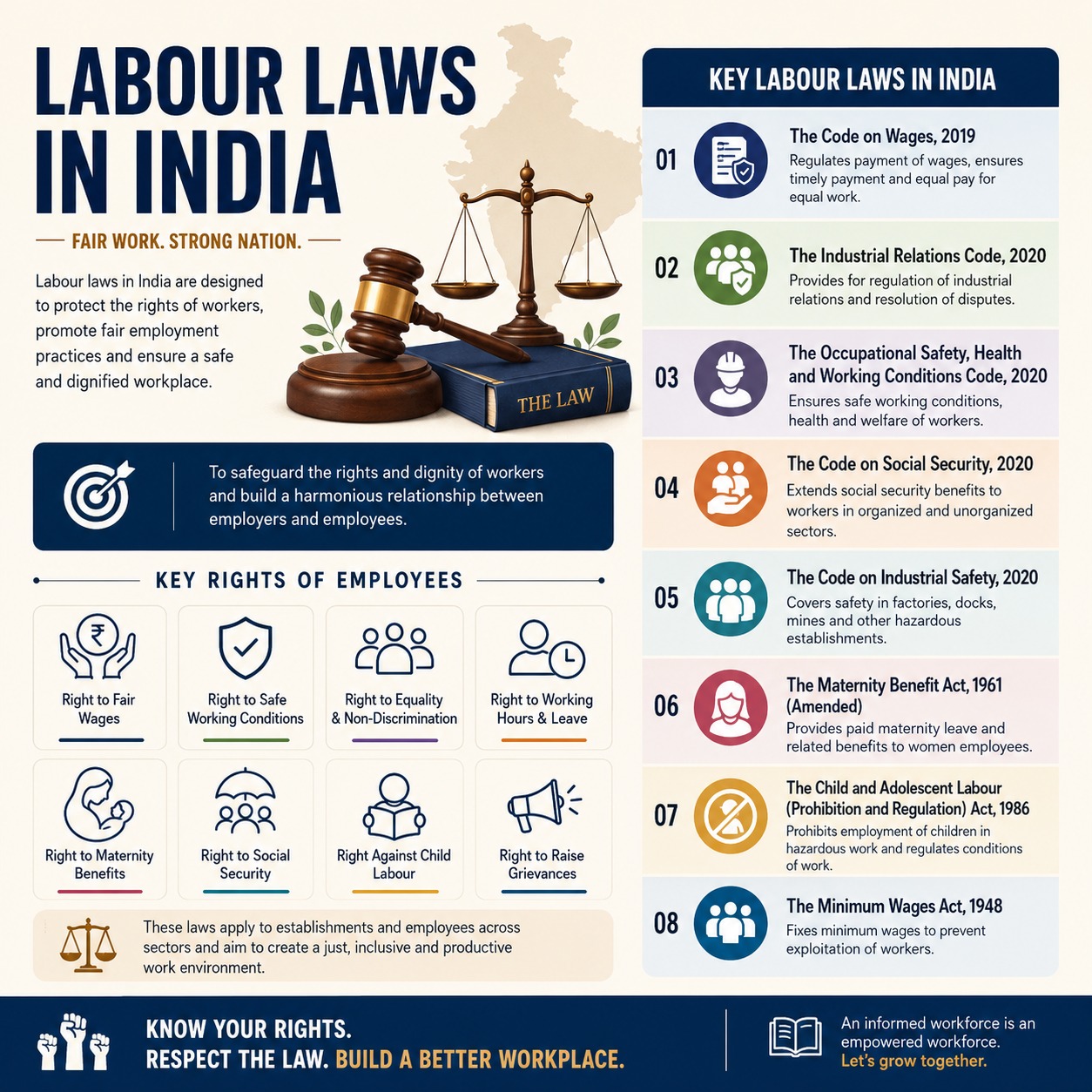 ⚖️ KNOW YOUR RIGHTS UNDER INDIA'S LABOUR LAWS 🇮🇳

Every employee deserves fair wages, safe working conditions, social security benefits, and protection against exploitation. Labour laws in India are designed to balance the rights of workers and the responsibilities of employers, creating a fair and productive workplace for all.

🔹 Right to Minimum Wages
🔹 Safe & Healthy Work Environment
🔹 Equal Pay for Equal Work
🔹 Maternity Benefits
🔹 Social Security Protection
🔹 Protection Against Child Labour
🔹 Right to Raise Workplace Grievances

Awareness of labour rights is the first step towards preventing workplace injustice. Whether you are an employee or an employer, understanding the law helps build a stronger and more compliant workforce.

📞 Lexel Law
⚖️ Protecting Rights. Delivering Justice.

#KnowYourRights #LabourLawIndia #EmployeeRights #WorkersRights #LabourCode #LegalAwareness #IndianLaw #WorkplaceRights #MinimumWages #SocialSecurity #MaternityBenefits #EmploymentLaw #IndustrialRelations #LegalEducation #LabourLawyer #HRCompliance #CorporateLaw #WorkplaceJustice #LexelLaw #LegalUpdatesIndia