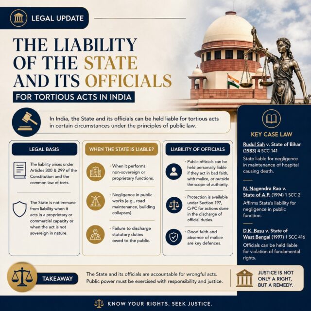 ⚖️ When Power Fails, Accountability Begins.

Can the State be held responsible for the wrongful acts of its officials?
Yes — Indian law recognises that public power comes with public responsibility.

From negligence in public duties to violation of fundamental rights, courts have evolved the principle that the State and its officers cannot escape liability for unlawful actions.

📌 Key Legal Principle:
“State authority is not above the law.”

📚 Landmark judgments like Rudul Sah v. State of Bihar, N. Nagendra Rao v. State of A.P. and D.K. Basu v. State of West Bengal strengthened the idea of accountability and remedies against State action.

⚖️ Know your rights. Understand the law.

📞 Lexel Law
8195048883
#LegalAwareness #IndianLaw #ConstitutionOfIndia#LegalUpdate #LawIndia #IndianConstitution #Article300 #Article299 #StateLiability #TortLaw #PublicAccountability #FundamentalRights #SupremeCourtOfIndia #LegalRights #JusticeMatters #LawyersOfIndia #LegalEducation #LawStudents #ConstitutionalLaw #HumanRightsIndia #IndianJudiciary #KnowYourRights #LexelLaw #LegalAwarenessIndia #LawAndJustice #CourtroomInsights #AdvocateLife #LawReels #LegalContent #TrendingLegalTopics