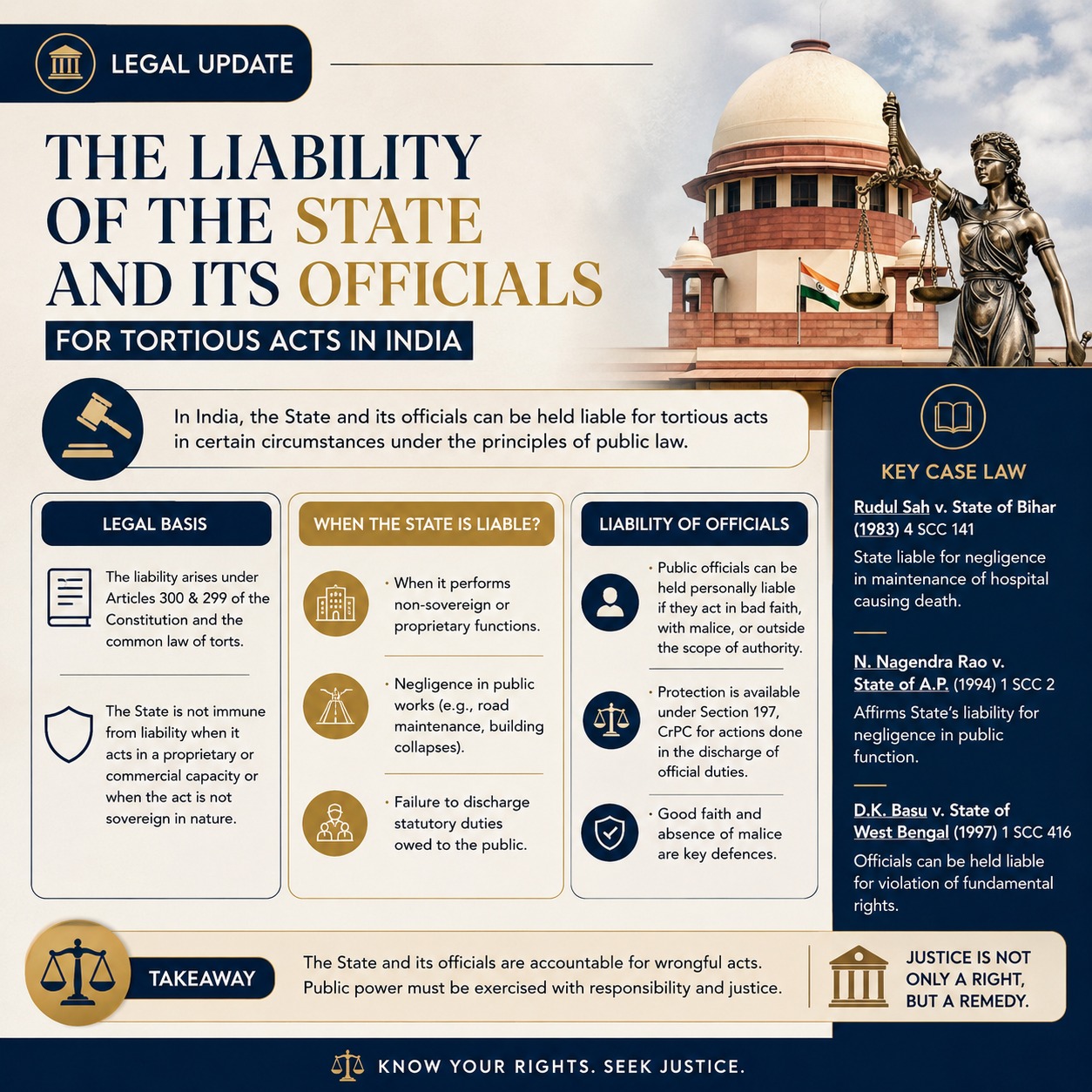 ⚖️ When Power Fails, Accountability Begins.

Can the State be held responsible for the wrongful acts of its officials?
Yes — Indian law recognises that public power comes with public responsibility.

From negligence in public duties to violation of fundamental rights, courts have evolved the principle that the State and its officers cannot escape liability for unlawful actions.

📌 Key Legal Principle:
“State authority is not above the law.”

📚 Landmark judgments like Rudul Sah v. State of Bihar, N. Nagendra Rao v. State of A.P. and D.K. Basu v. State of West Bengal strengthened the idea of accountability and remedies against State action.

⚖️ Know your rights. Understand the law.

📞 Lexel Law
8195048883
#LegalAwareness #IndianLaw #ConstitutionOfIndia#LegalUpdate #LawIndia #IndianConstitution #Article300 #Article299 #StateLiability #TortLaw #PublicAccountability #FundamentalRights #SupremeCourtOfIndia #LegalRights #JusticeMatters #LawyersOfIndia #LegalEducation #LawStudents #ConstitutionalLaw #HumanRightsIndia #IndianJudiciary #KnowYourRights #LexelLaw #LegalAwarenessIndia #LawAndJustice #CourtroomInsights #AdvocateLife #LawReels #LegalContent #TrendingLegalTopics